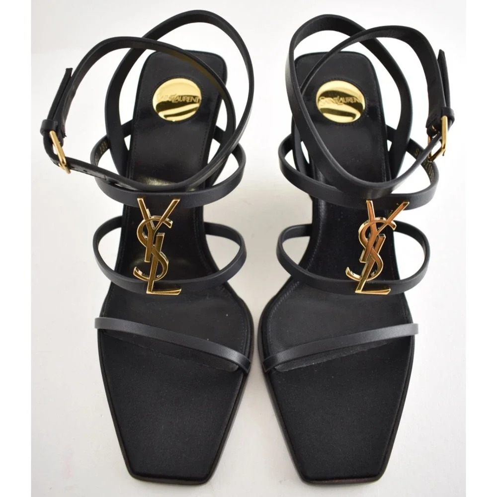 Saint Laurent YSL Logo Cassandra 90 Black Ankle Strap Wedge Sandal Heel 38.5
